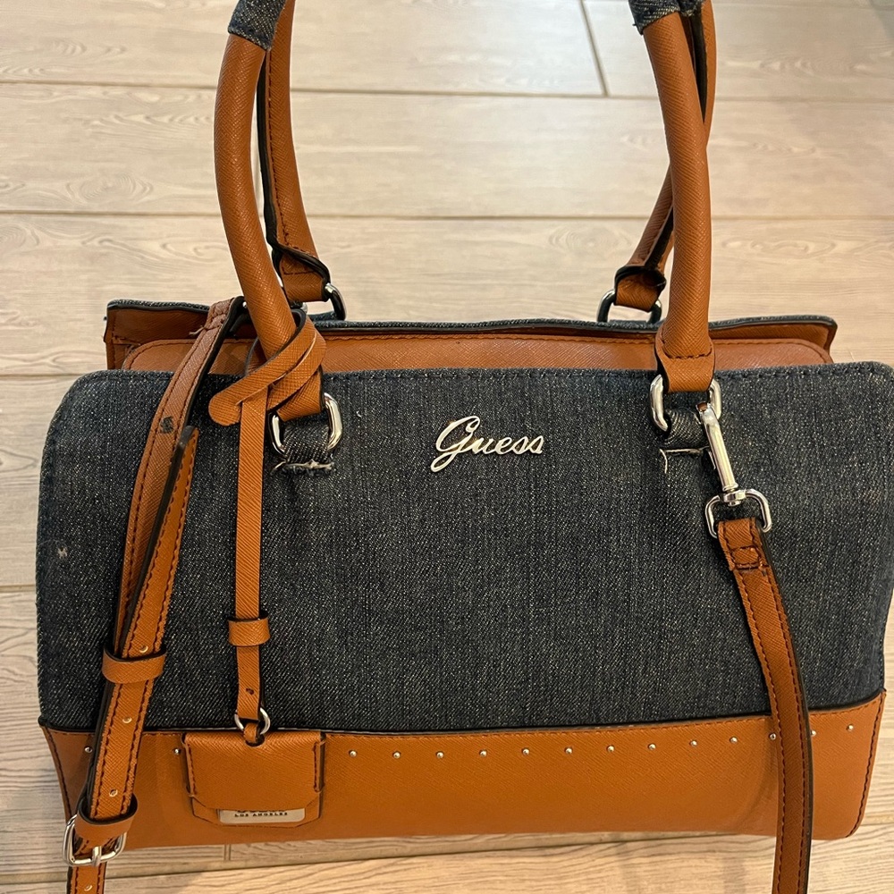 Guess Women's Denim Tan and Blue Satchel/ Crossbody Handbag